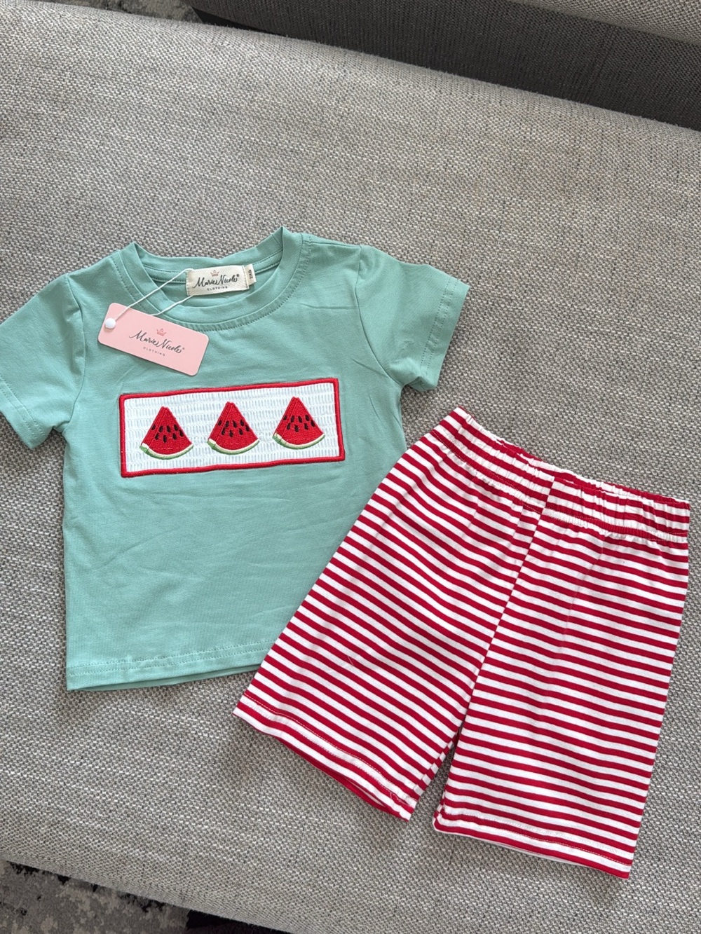 Mint Watermelon Short Sleeve Top & Red Stripe Shorts Kids Pajama Set